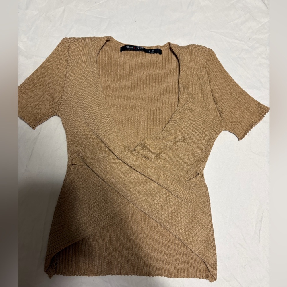 Roma Camel Ribbed Wrap Blouse